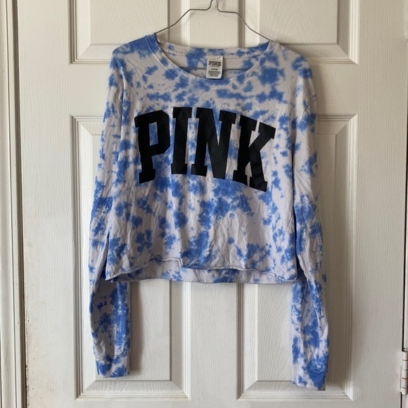 Pink Victoria’s Secret blue white tie dye cropped long sleeve crop top shirt M - Picture 2 of 16